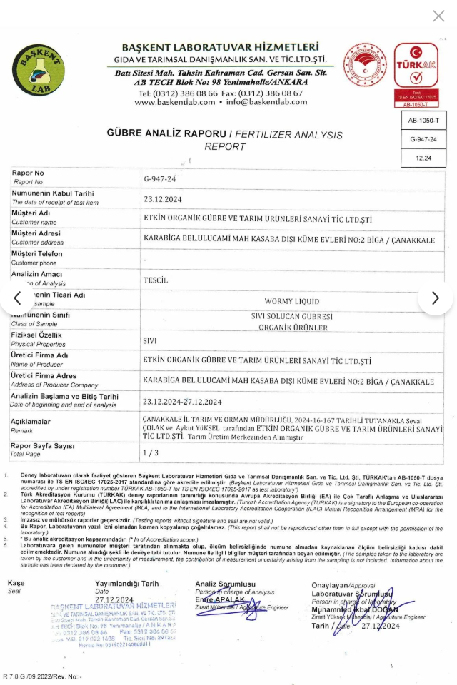 TARIM BAKANI ONAYLI GERÇEK WORMY SIVI SOLUCAN GÜBRESİ 20LT